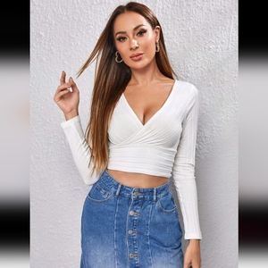 Surplice Neck Rib-knit Solid Crop Tee